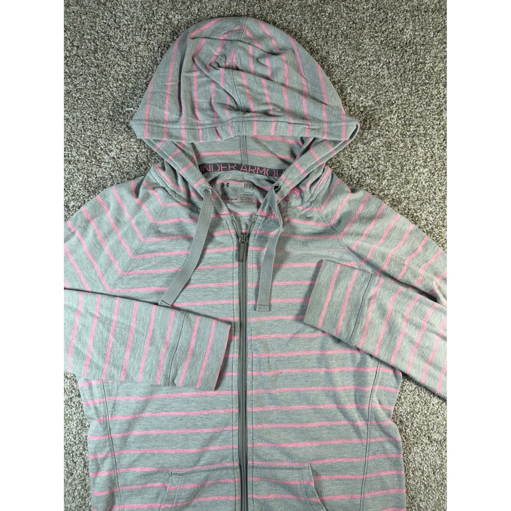Under Armour HeatGear Hoodie Womens Large Grey Pink Striped Full Zip Semi-Fitted